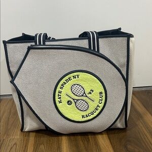 kate spade Black & White Striped Canvas Tote with Lime Tennis Patch